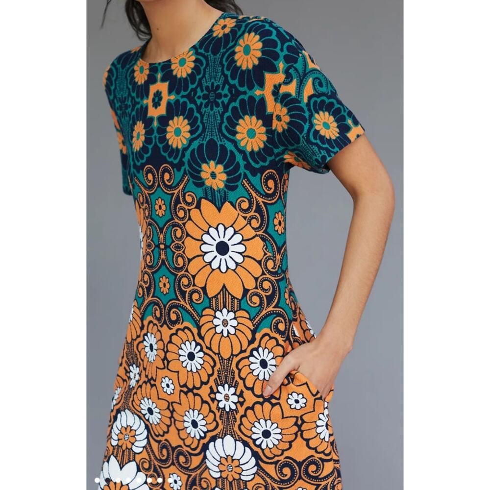 Anthropologie Teal and Rust Floral Shift Dress - Picture 2 of 14
